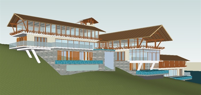 东南亚风格沿湖山地酒店会所SU精细设计模型(2)