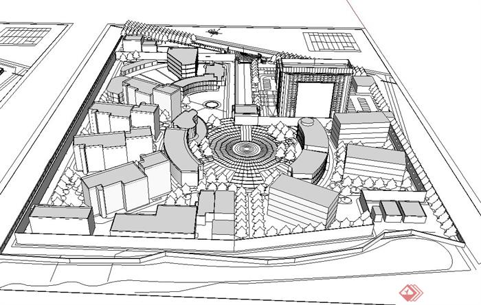 某现代风格办公中心建筑及景观设计su模型(3)