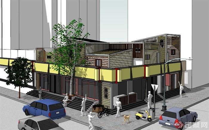 现代两层文化馆建筑SU模型(1)