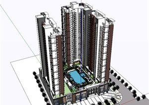 现代高层商住楼建筑设计SU(草图大师)模型素材