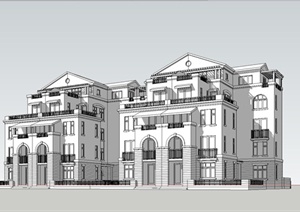 某欧式风格联排一梯两户洋房住宅楼建筑设计SU(草图大师)模型