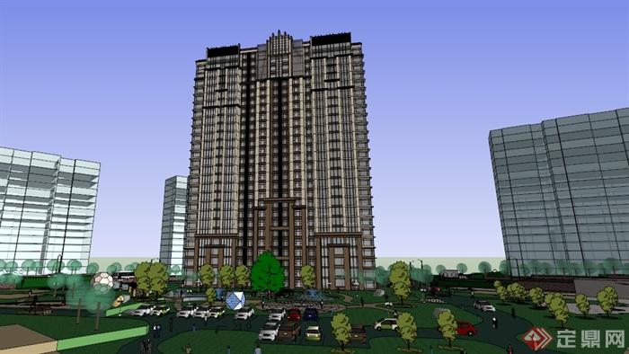 现代高层住宅楼建筑设计SU模型素材(1)