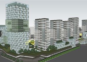 某现代风格生态小区住宅楼建筑设计SU(草图大师)模型