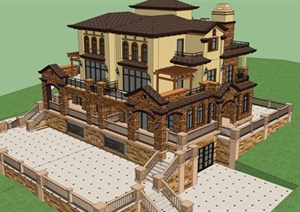 西班牙风格别墅建筑设计SU(草图大师)模型以及cad施工图