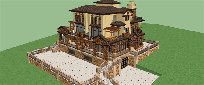 西班牙风格别墅建筑设计su模型以及cad施工图
