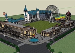 欧式风格商业街建筑及主题乐园设计SU(草图大师)模型