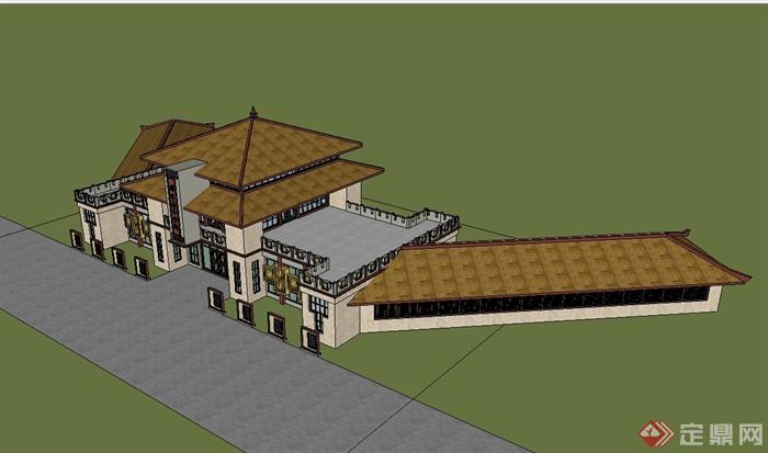 新中式风格同盟会所建筑设计su模型（含博物馆）(3)
