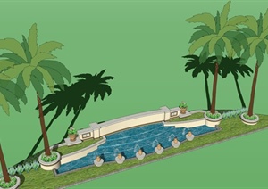 某西班牙风格入口景观LOGO墙水池设计SU(草图大师)模型