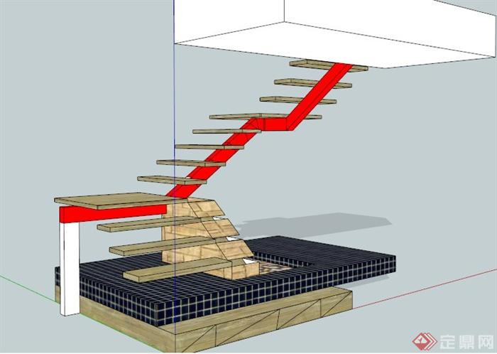 现代木踏步楼梯设计SU模型(1)