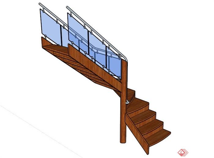室内玻璃围栏木楼梯设计SU模型(1)