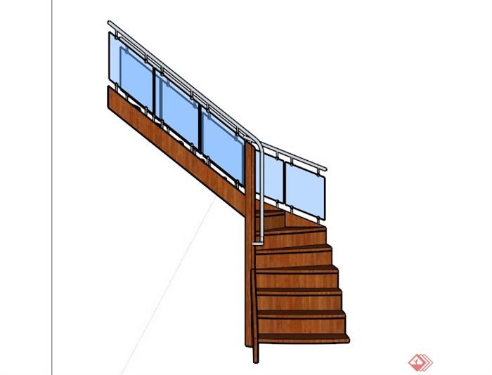 室内玻璃围栏木楼梯设计SU模型(4)