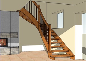 室内转角木质楼梯设计SU(草图大师)模型
