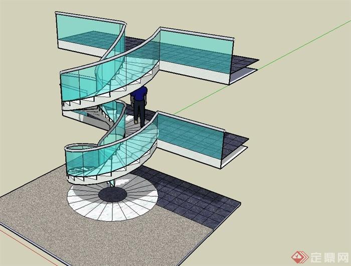 某现代风格玻璃栏杆楼梯设计su模型(1)