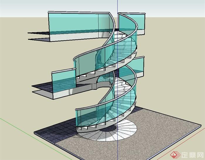 某现代风格玻璃栏杆楼梯设计su模型(2)