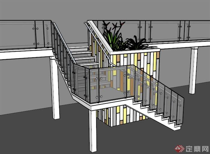 室内现代玻璃围栏楼梯设计SU模型(1)