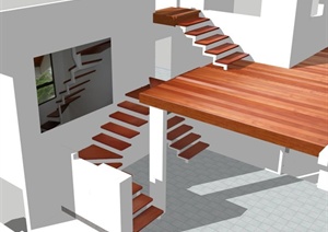 室内简约木踏步楼梯SU(草图大师)模型