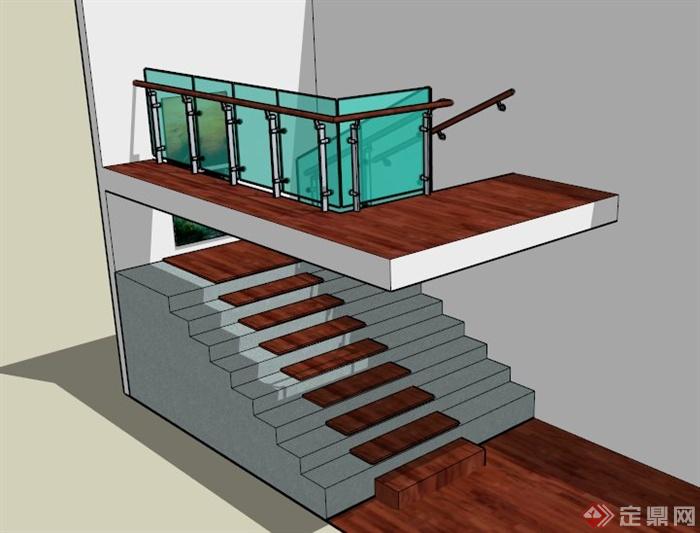 室内蓝色玻璃围栏木楼梯设计SU模型(1)