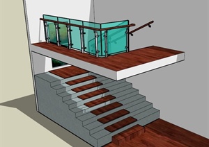 室内蓝色玻璃围栏木楼梯设计SU(草图大师)模型