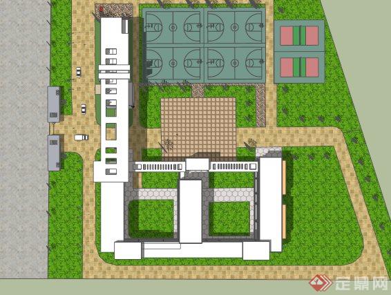 现代多层小学建筑群SU模型素材(2)