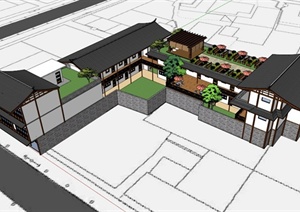 川西风格乡村客栈餐饮建筑Su精致设计模型