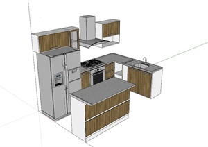 现代L型厨房厨柜吧台组合设计SU(草图大师)模型