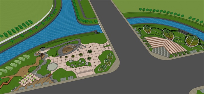 十字路口沿河公园景观设计su模型