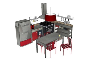 现代红色灰色拼接厨柜餐桌组合设计SU(草图大师)模型