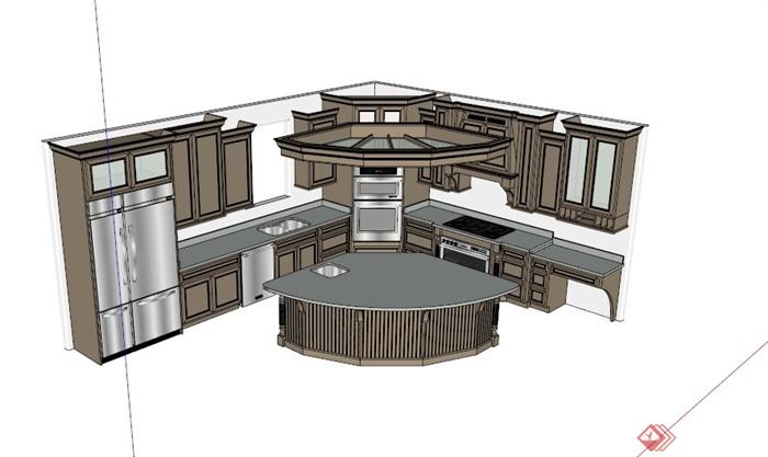 欧式L型厨柜吧台组合设计SU模型(1)