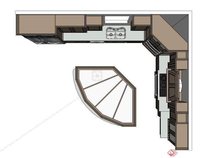 欧式L型厨柜吧台组合设计SU模型(2)