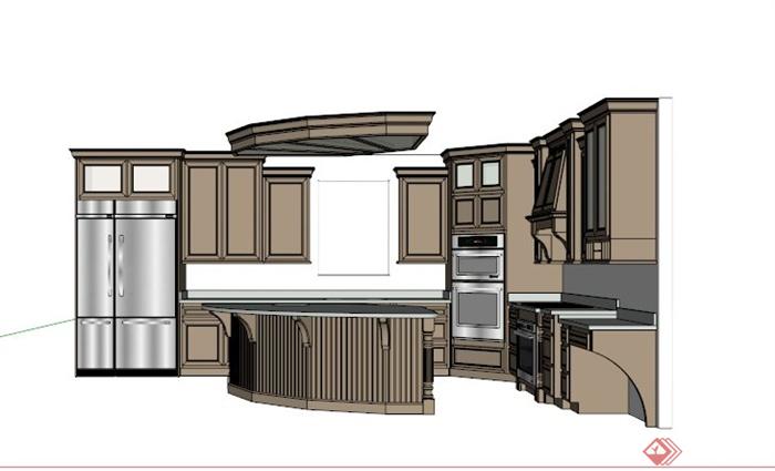 欧式L型厨柜吧台组合设计SU模型(3)