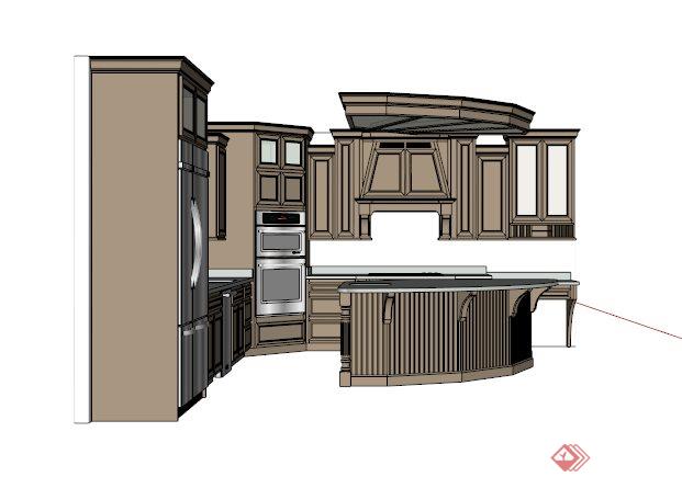 欧式L型厨柜吧台组合设计SU模型(4)