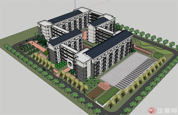 新中式风格校园教学楼设计SU模型(2)
