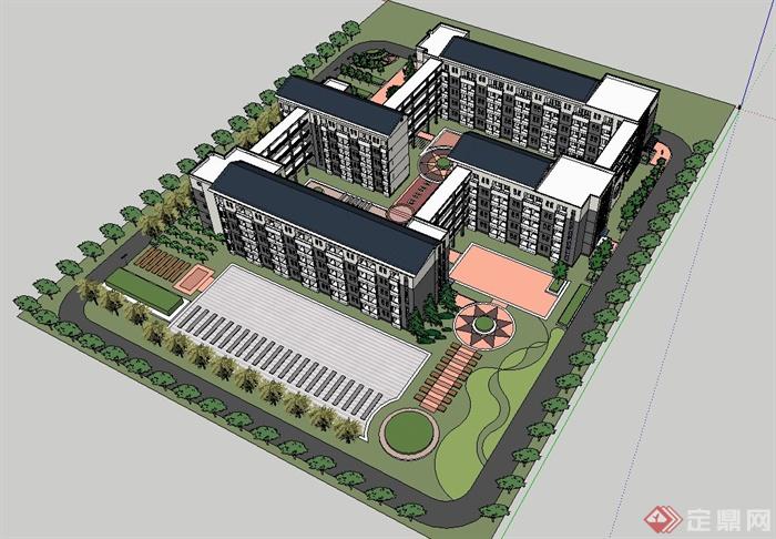 新中式风格校园教学楼设计SU模型(3)