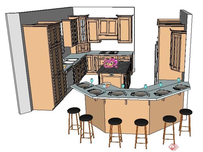 厨房整体橱柜及餐台su模型(1)