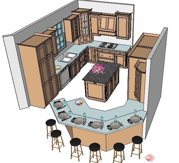 厨房整体橱柜及餐台su模型(2)