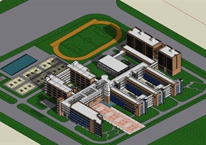 现代中学学校建筑设计SU(草图大师)模型素材