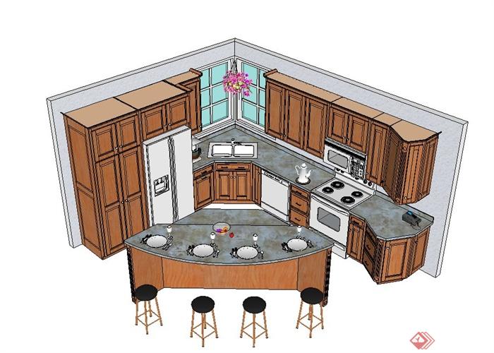 某现代风格开放式厨房餐厅设计su模型(1)
