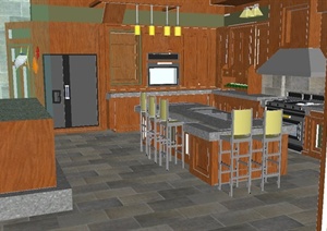 某现代住宅单层室内厨房餐厅组合设计SU(草图大师)模型