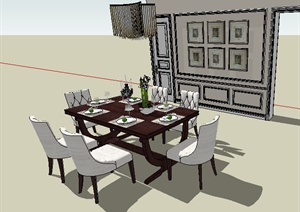 简欧客餐厅沙发茶几、餐桌椅SU(草图大师)模型