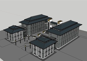 现代中式对称办公楼建筑SU(草图大师)模型