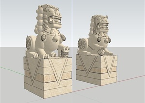 古典中式入口石狮子雕塑设计SU(草图大师)模型