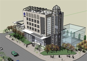 某现代银行办公大楼建筑设计SU(草图大师)模型素材