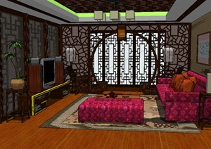 现代中式风格住宅客厅设计SU(草图大师)模型