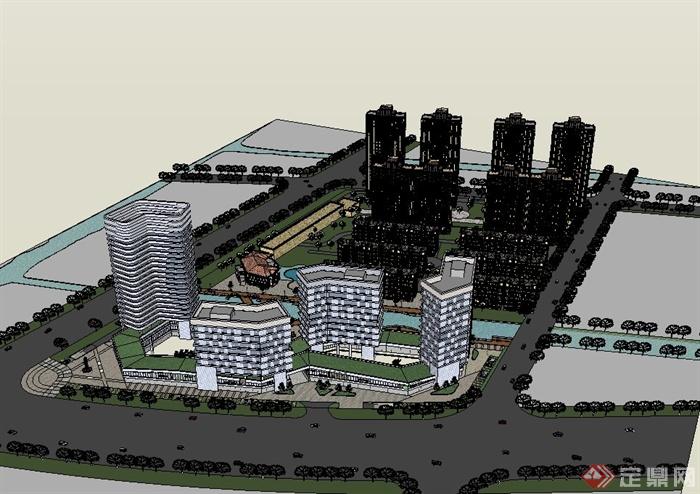 某城市地块住宅楼以及商业办公楼建筑楼群设计su模型(2)