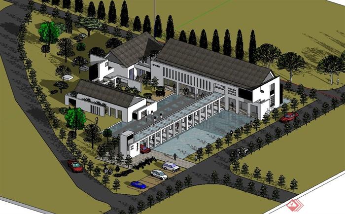 现代中式风格水厂办公楼建筑设计su模型(1)