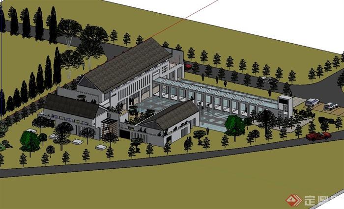 现代中式风格水厂办公楼建筑设计su模型(2)