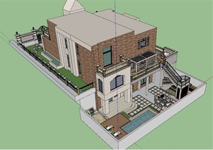 某美式风格住宅建筑及庭院设计SU(草图大师)模型
