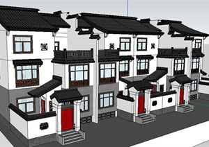 现代中式三层联排别墅建筑设计SU(草图大师)模型