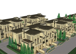 某新古典风格小区联排别墅建筑设计SU(草图大师)模型