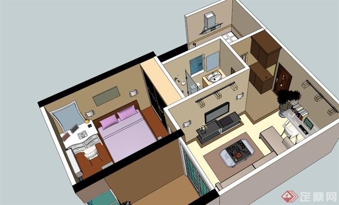 现代简约一居室室内设计SU模型(1)